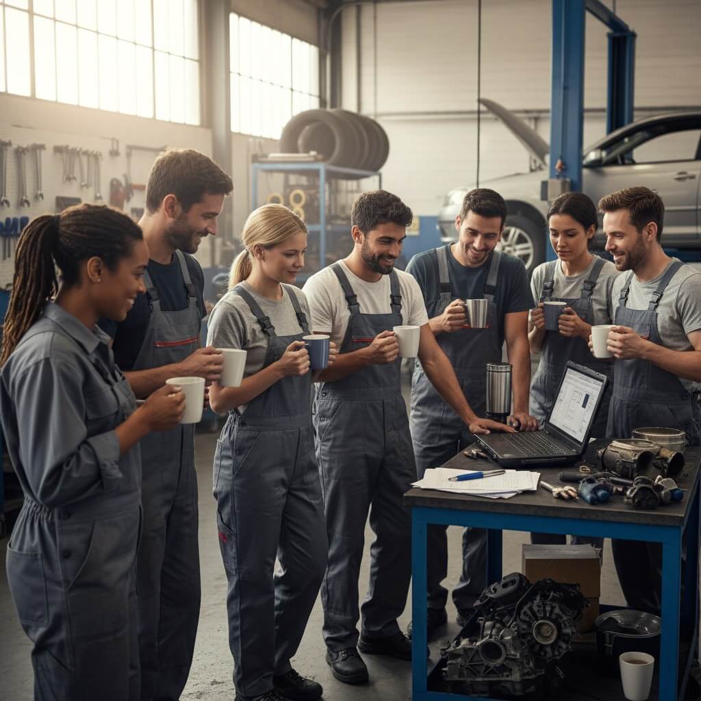 Werkstatt-Team bei entspannter Besprechung am Laptop KI-Bild: Werkstatt-Team sitzt entspannt mit Kaffeetassen um einen Laptop und bespricht sich in der Autowerkstatt